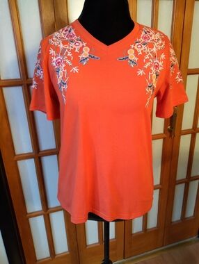 Women's Orange V Neck Embroidered Blouse Tee, With Sheer Back,Sz L By Coruja New